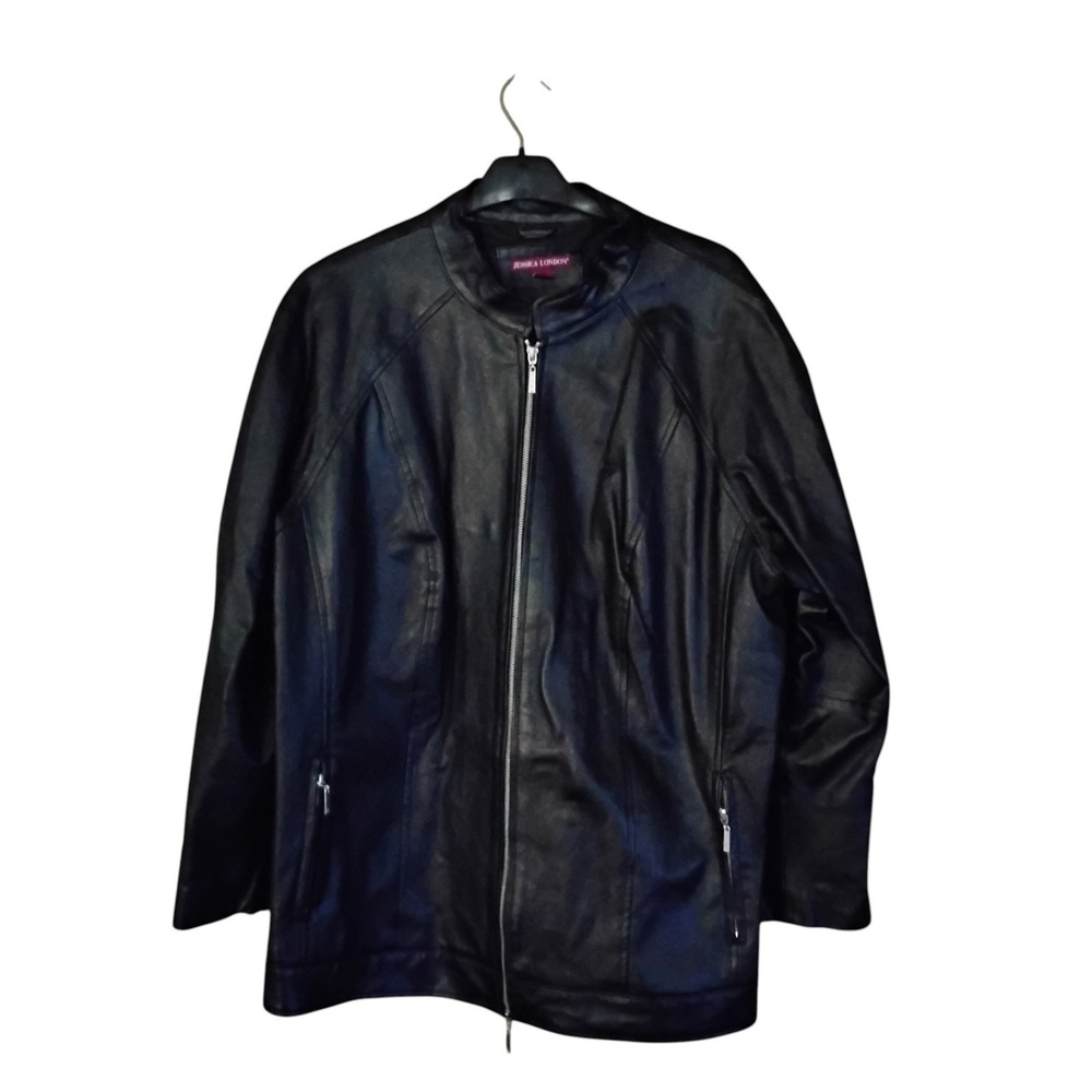 Jessica London Black Leather Jacket Womens Plus Size 24 Full Zip Collarless Coat